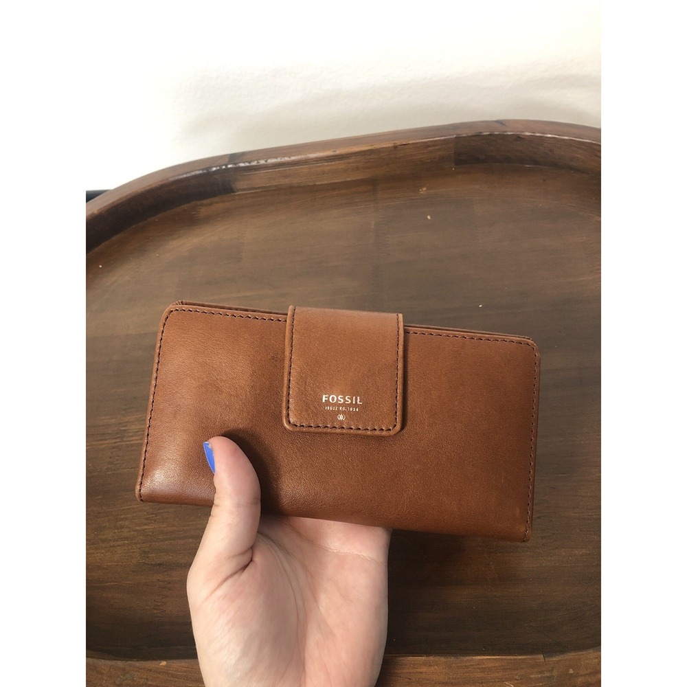FOSSIL Brown Leather Fold Over Wallet Purple Lined Card Space Money Holder